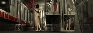 Nude girl standing in an empty NY MTA cabin