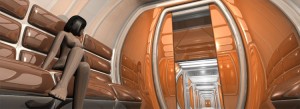Orange plastic glossy interior of a space shuttle