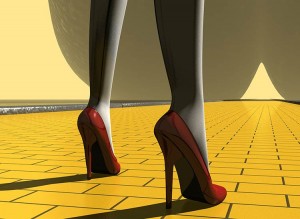 Girl wearing red pumps on a Yellow Brick Road