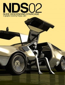 NDS02 cover, depicting a white nude girl sitting in a DeLorean