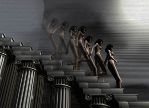 NDS04 7 nude girls walking down marble stairs