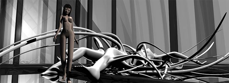 An image from NDS05 Nude Descending Staircase, a nude girl in front of a tentacles sprouting daed woman