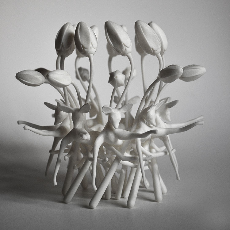 3D printed object of 9 fawns and 18 tulips, Laser sintered white nylon plastic. by Faiyaz Jafri