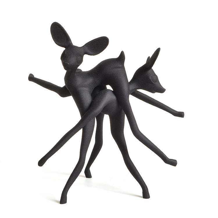 3D printed object of playing fawns , Laser sintered white nylon plastic, painted black. by Faiyaz Jafri