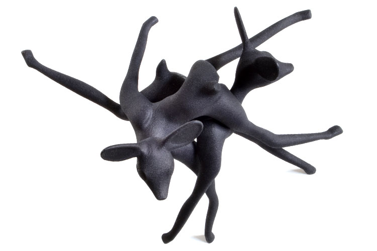 Fawn Play, 3D printed sculpture , Laser sintered white nylon plastic, painted black. by Faiyaz Jafri
