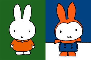 Miffy or Nijntje on a green background and in the snow wearing a red hat, by Dick Bruna.