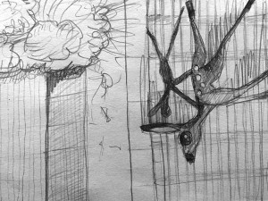 This Ain't Disneyland pencil sketches, collapse of the first tower of the World Trade Centre in New York September 11 2001, with falling deer
