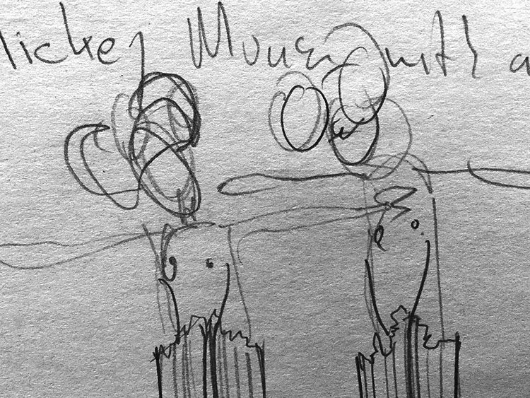 This Ain't Disneyland pencil sketches, two boys with Mickey Mouse hats rise up out of the rubble of the collapsed Twin Towers holding a bunny rabbit and deer