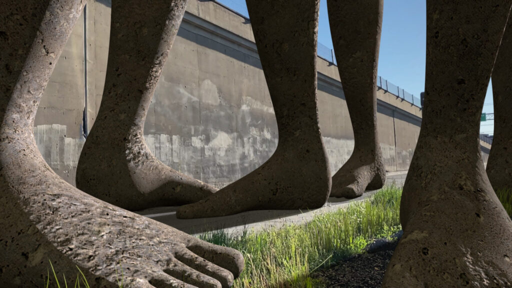 Large concrete boy feet beside a highway.
Film still from animation Shine by Faiyaz Jafri